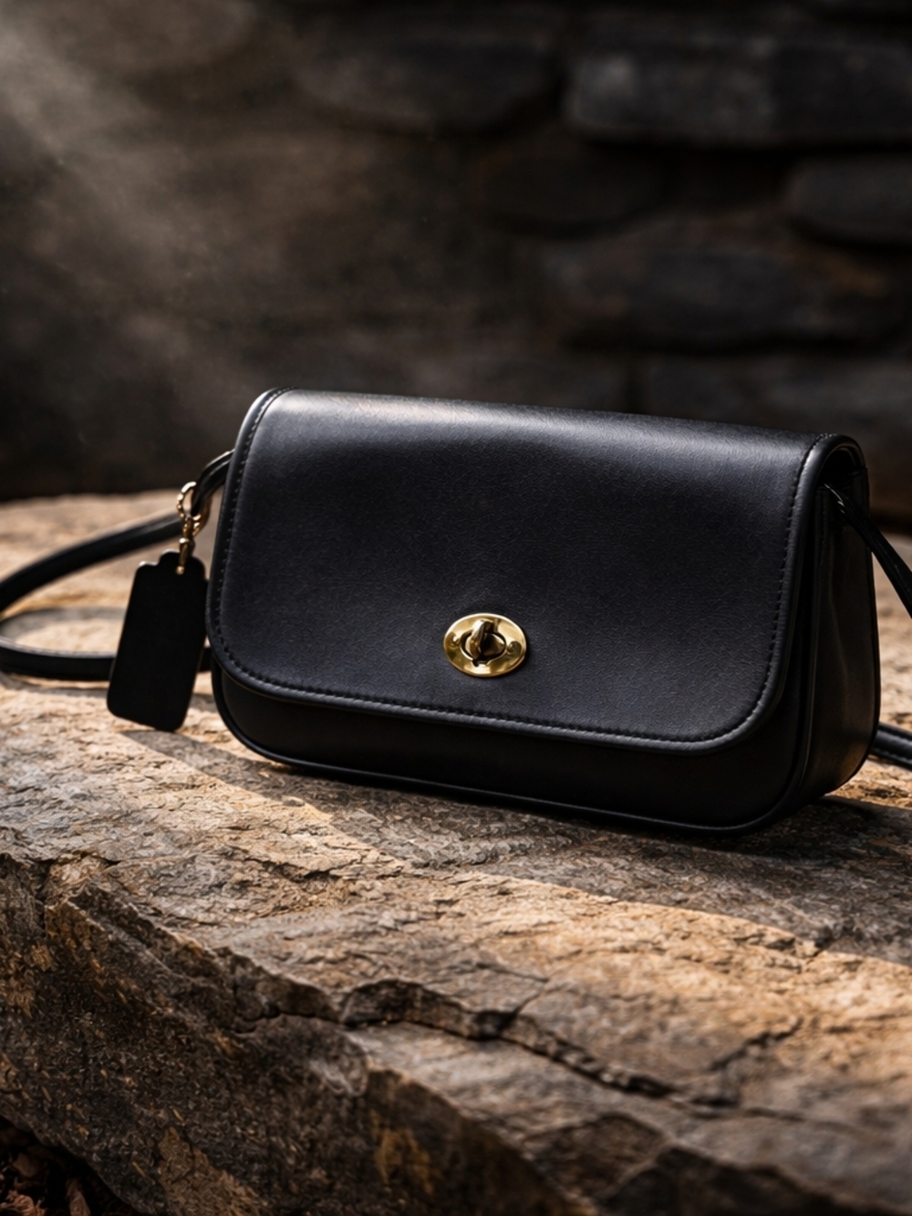 Coach Vintage Black Leather Crossbody DINKY Bag with Gold Turn-Lock